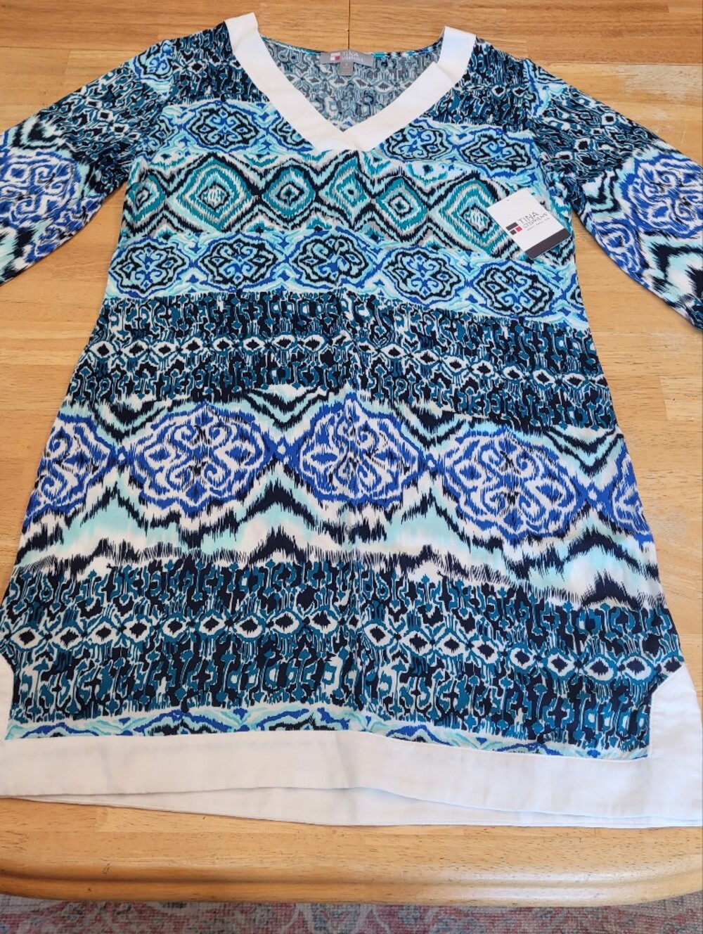 Rayon Dress Blue White Geometic Abstract Ikat Print Small